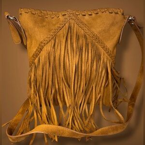 Fringed Tan Faux Suede Crossbody Bag
